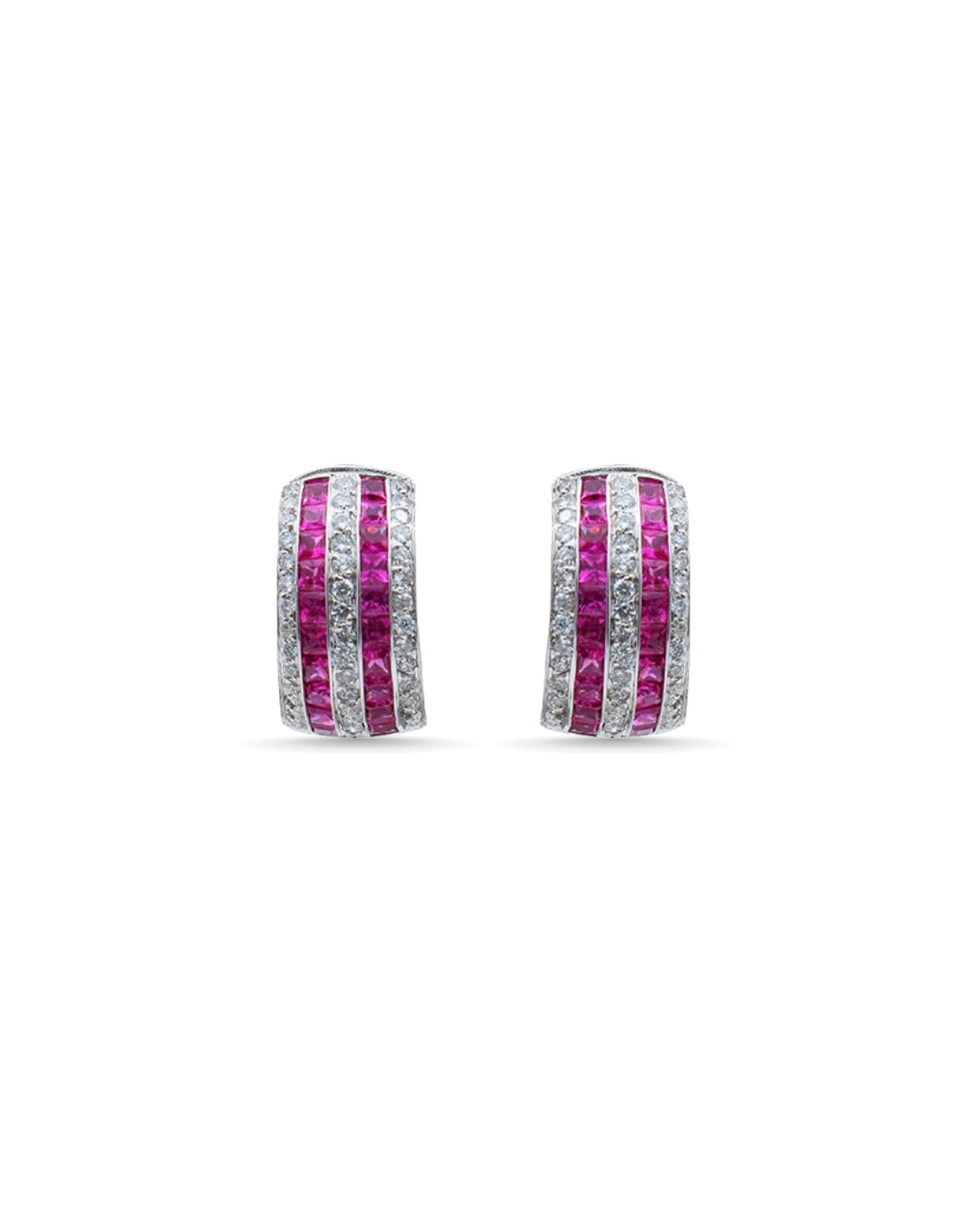 14KT WHITE GOLD RUBY & DIAMOND HUGGIE STYLE EARRING